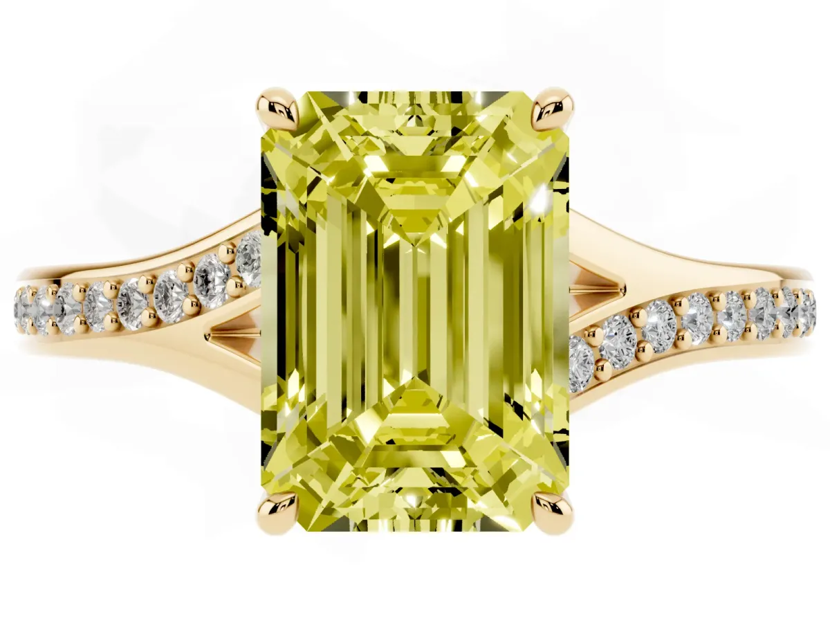 Fancy Yellow Emerald Cut Diamond Solitaire Ring with Pavé Band and Prong Setting Yellow gold