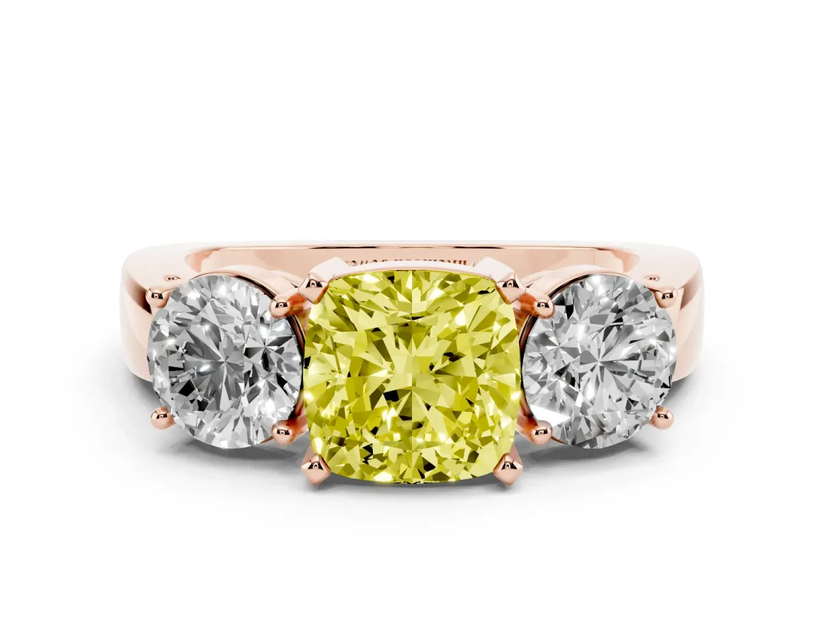 Fancy Yellow Three-Stone Cushion Cut Diamond Ring with Round Side Stones, Classic Band, and Four-Prong Setting Rose gold