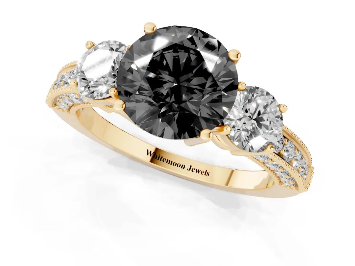 Fancy Black Round Cut Three-Stone Diamond Ring with Pavé Band and Four-Prong Setting Yellow gold