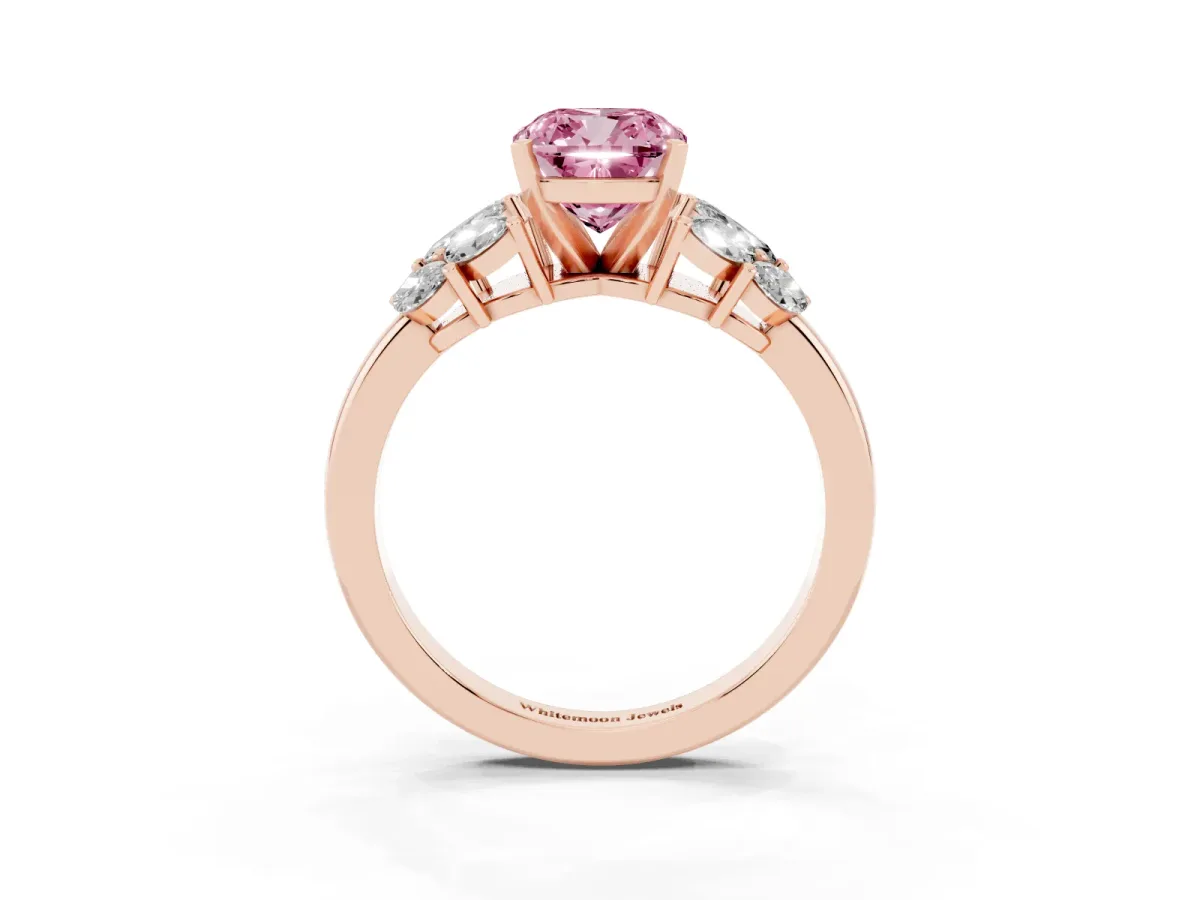 Fancy Pink Cushion Cut Diamond Cluster Leaf Design Ring with Prong Setting Rose gold