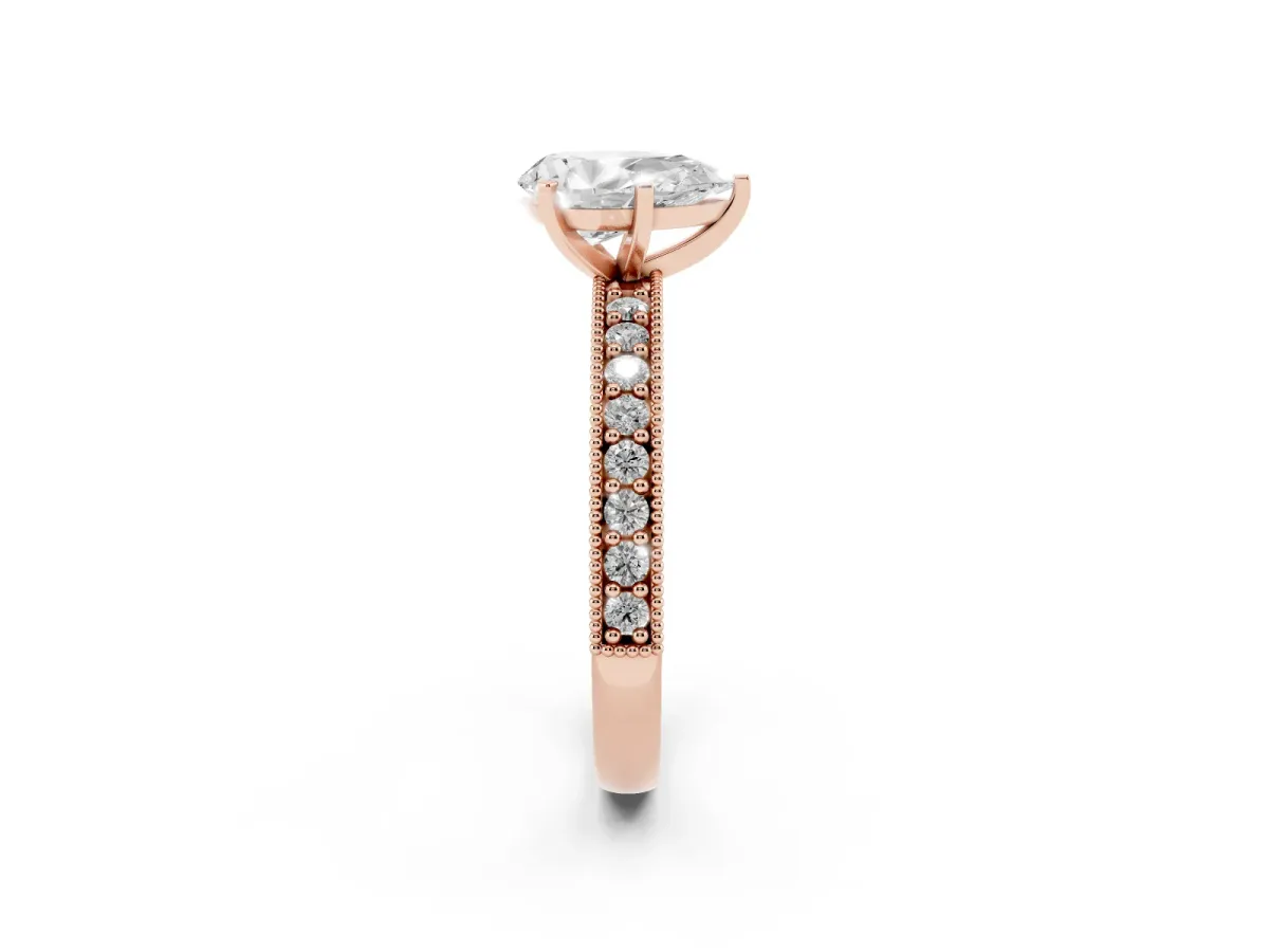Pear Cut Diamond Milgrain Pavé Engagement Ring with Four-Prong Setting Rose gold