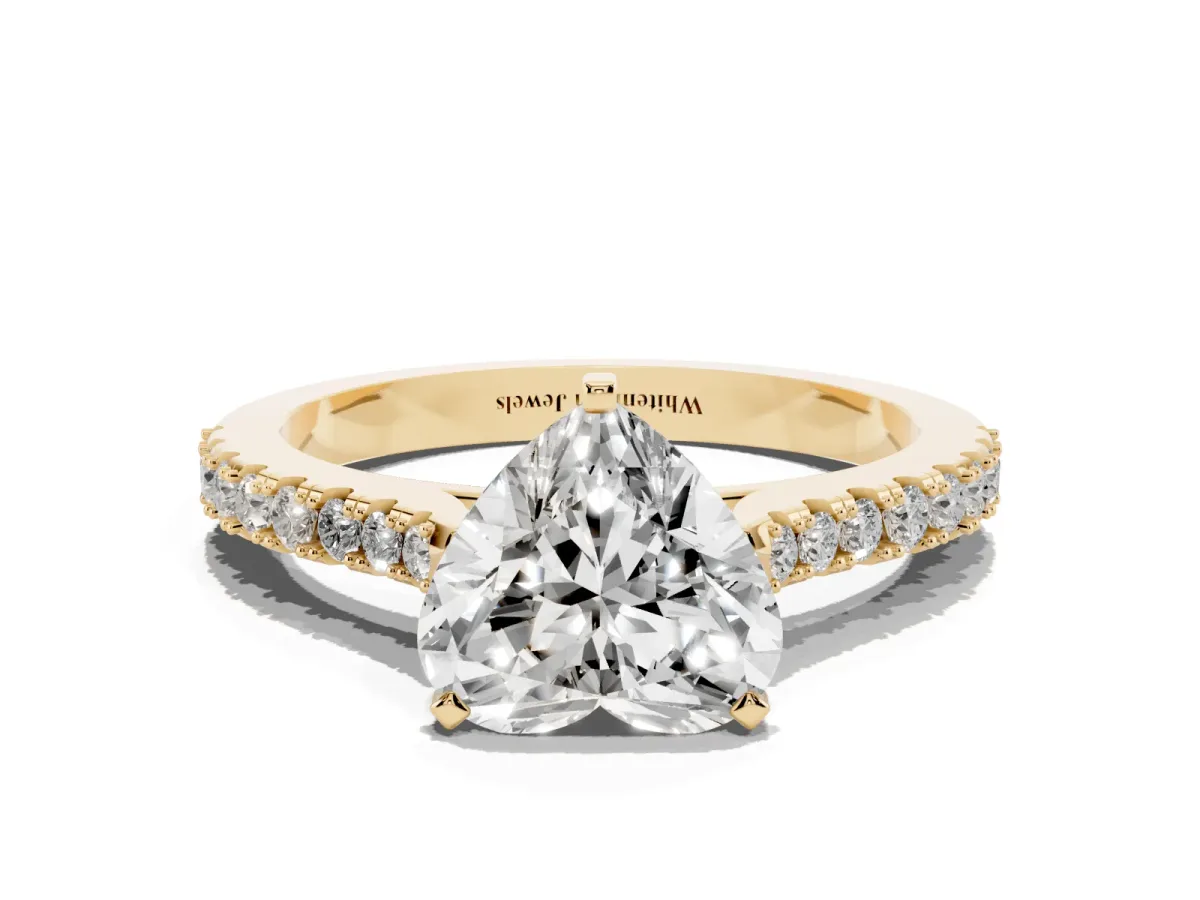 Heart Cut Cut Solitaire Diamond Engagement Ring with Pave Band and Four-Prong Setting Yellow gold