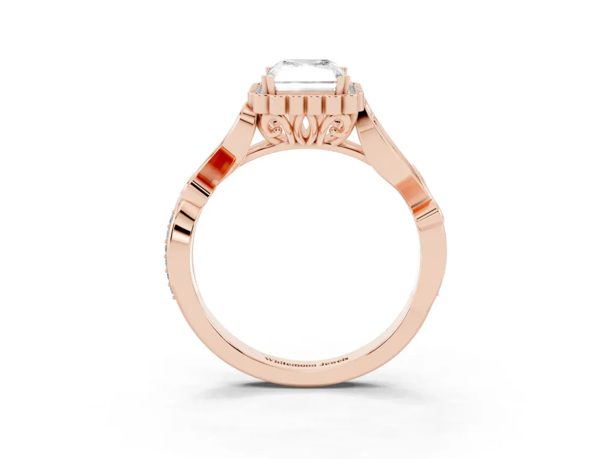 Radiant Cut Diamond Halo Ring with Vintage Split Shank and Four-Prong Setting Rose gold
