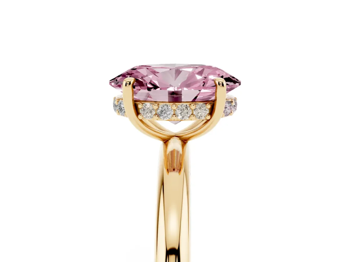 Fancy Pink Oval Cut Diamond Solitaire Ring with Thin Band and Four-Prong Setting Yellow gold