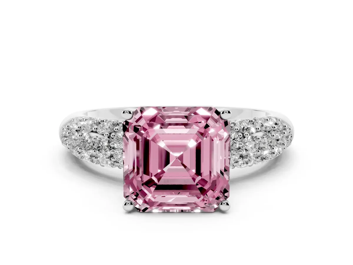 Fancy Pink Asscher Cut Diamond Pavé Band Solitaire Ring with Four-Prong Setting Platinum