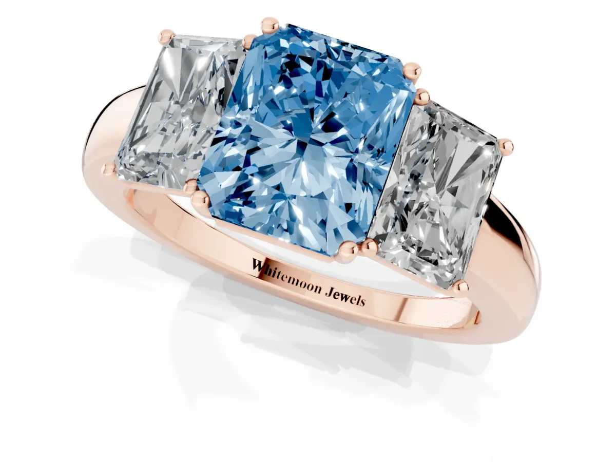 Fancy Blue Radiant Cut Diamond Three-Stone Ring with Four-Prong Setting and Classic Band Rose gold