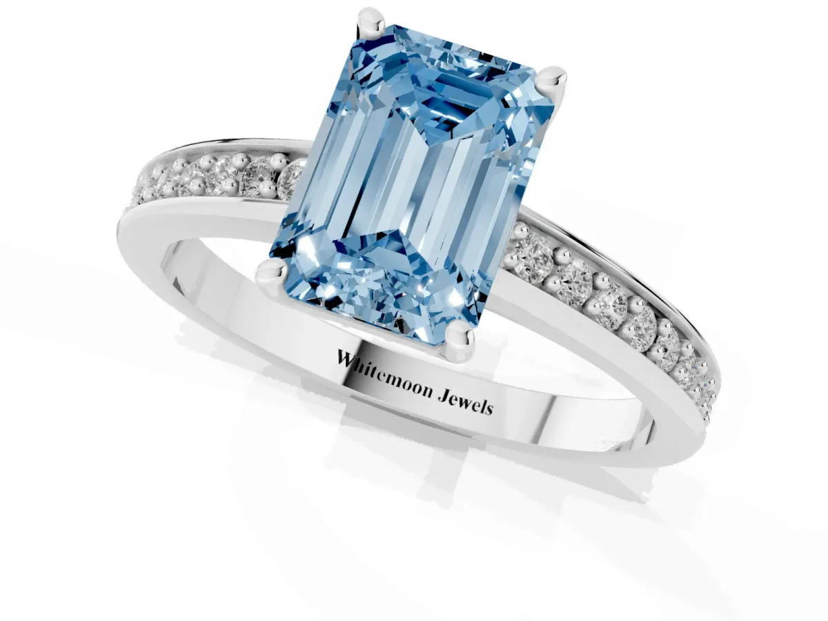 Fancy Blue Emerald Cut Solitaire Pavé Band Prong Setting Ring White gold