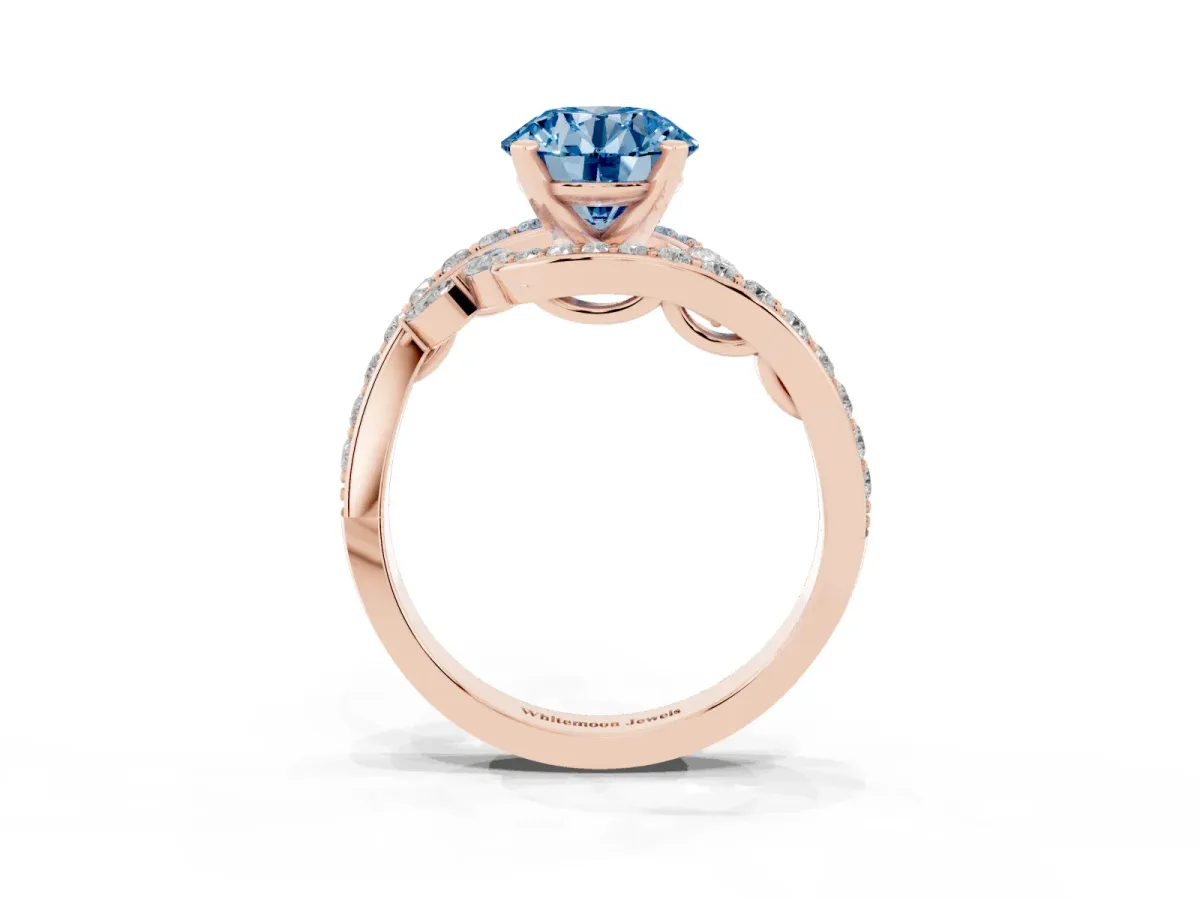 Fancy Blue Round Cut Solitaire with Pavé Twist Band and Four-Prong Setting Rose gold
