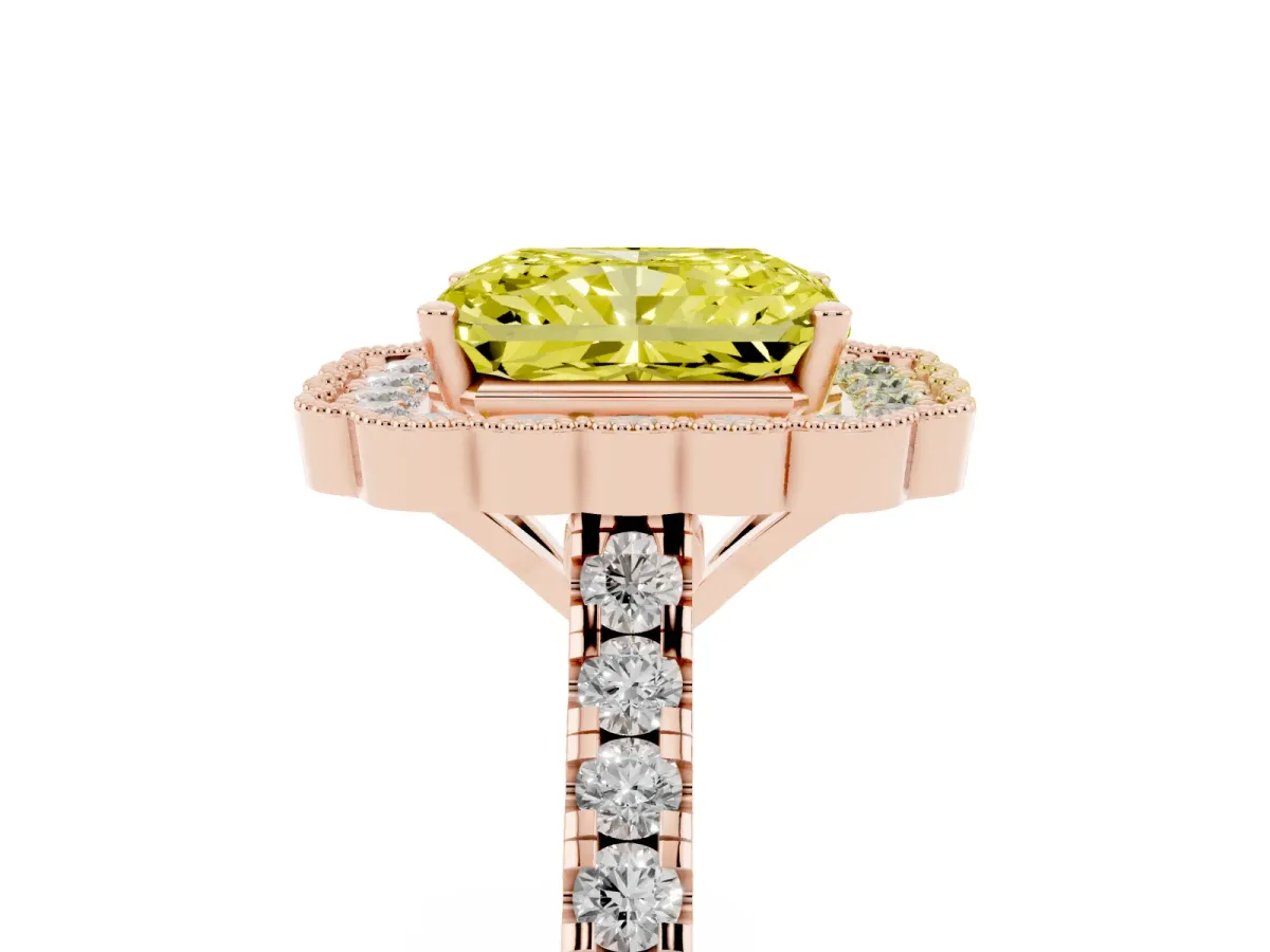 Fancy Yellow Radiant Cut Cut Diamond Milgrain Floral Halo Engagement Ring with Pavé Band Rose gold