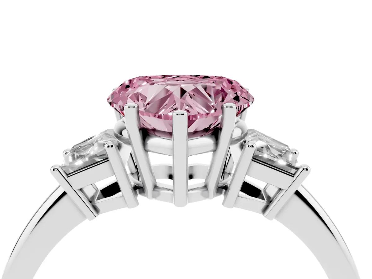 Fancy Pink Heart Cut Diamond Three-Stone Ring with Trapezoid Side Stones and Prong Setting Silver