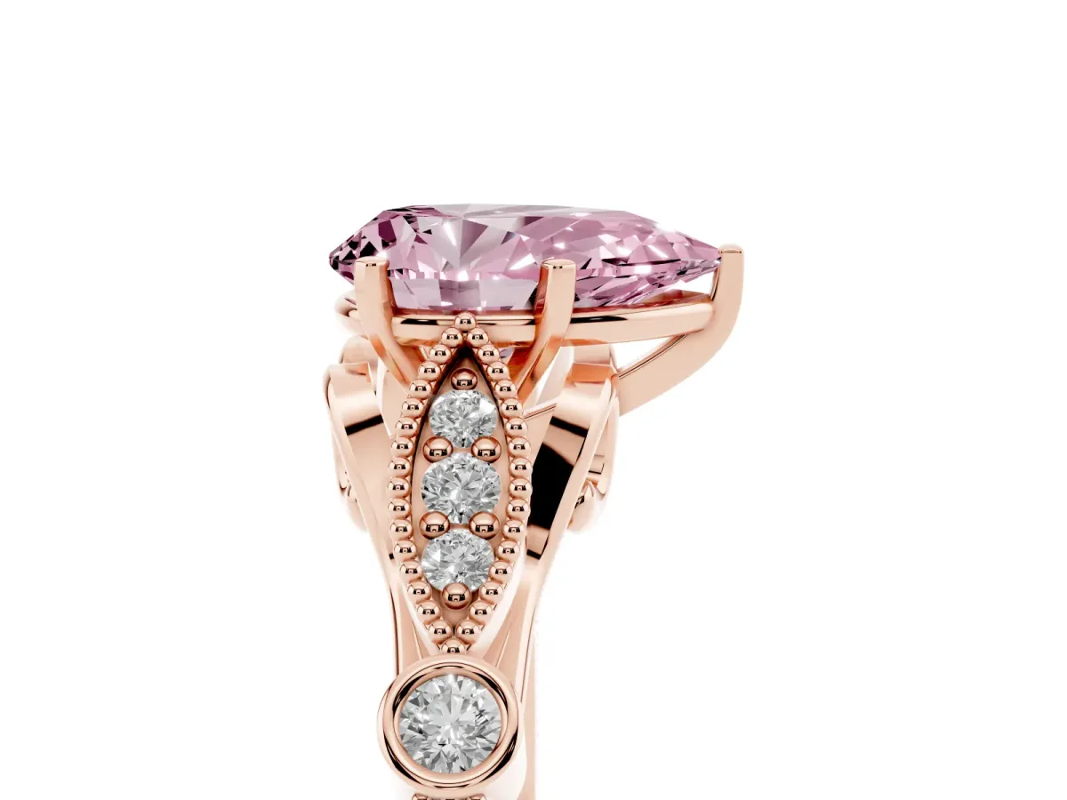 Fancy Pink Pear Cut Cut Diamond with Milgrain Marquise and Bezel Accents on a Solitaire Band with Prong Setting Rose gold