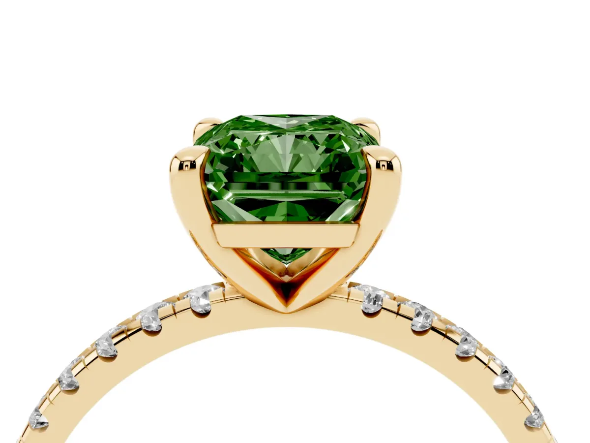 Fancy Green Radiant Cut Diamond Brilliant Solitaire Ring with Pavé Band and Four-Prong Setting Yellow gold