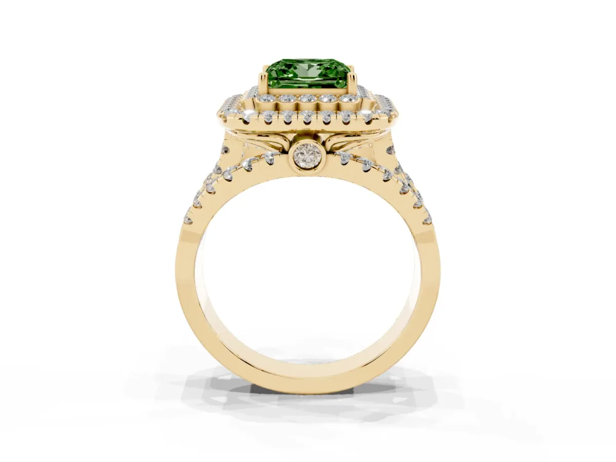 Fancy Green Princess Cut Diamond Double Halo Ring with Round Pavé Split Shank and Prong Setting Yellow gold