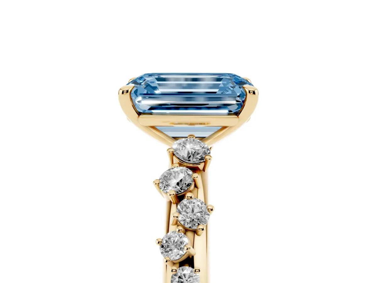 Fancy Blue Emerald Cut Diamond Cluster Prong-Set Solitaire Ring Yellow gold