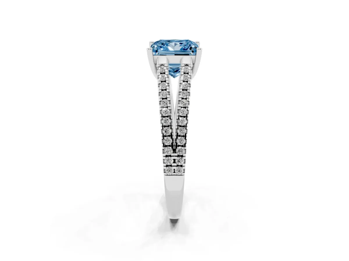 Fancy Blue Princess Cut Diamond Solitaire Engagement Ring with Split Shank Pavé Band Platinum