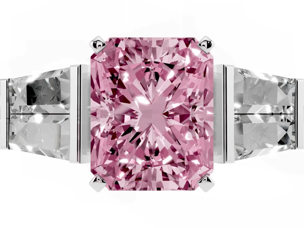 Fancy Pink Radiant Cut Diamond Engagement Ring with Baguette Side Stones and Channel Set Band Platinum