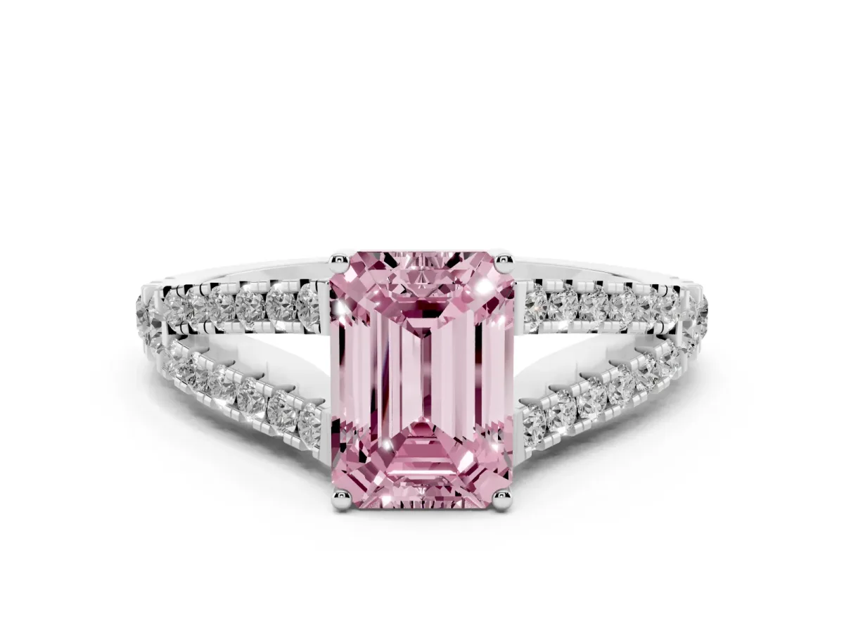 Fancy Pink Emerald Cut Diamond Split Shank Pavé Engagement Ring with Four-Prong Setting Platinum