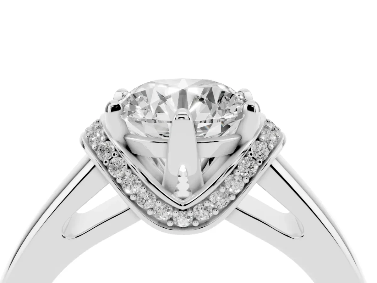 Round Cut Solitaire Diamond Ring with Pave Band and Six-Prong Setting Silver