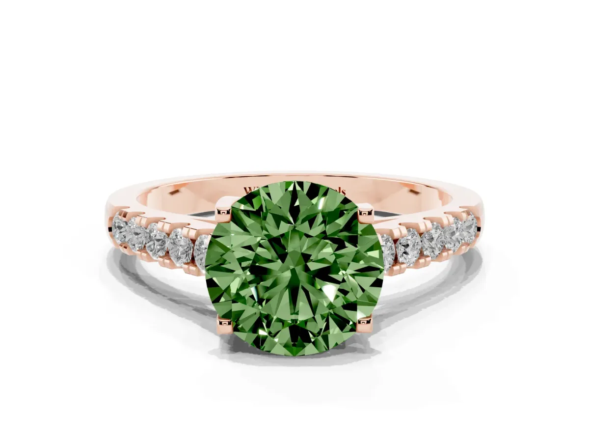 Fancy Green Round Cut Diamond Pavé Band Solitaire Ring with Prong Setting Rose gold