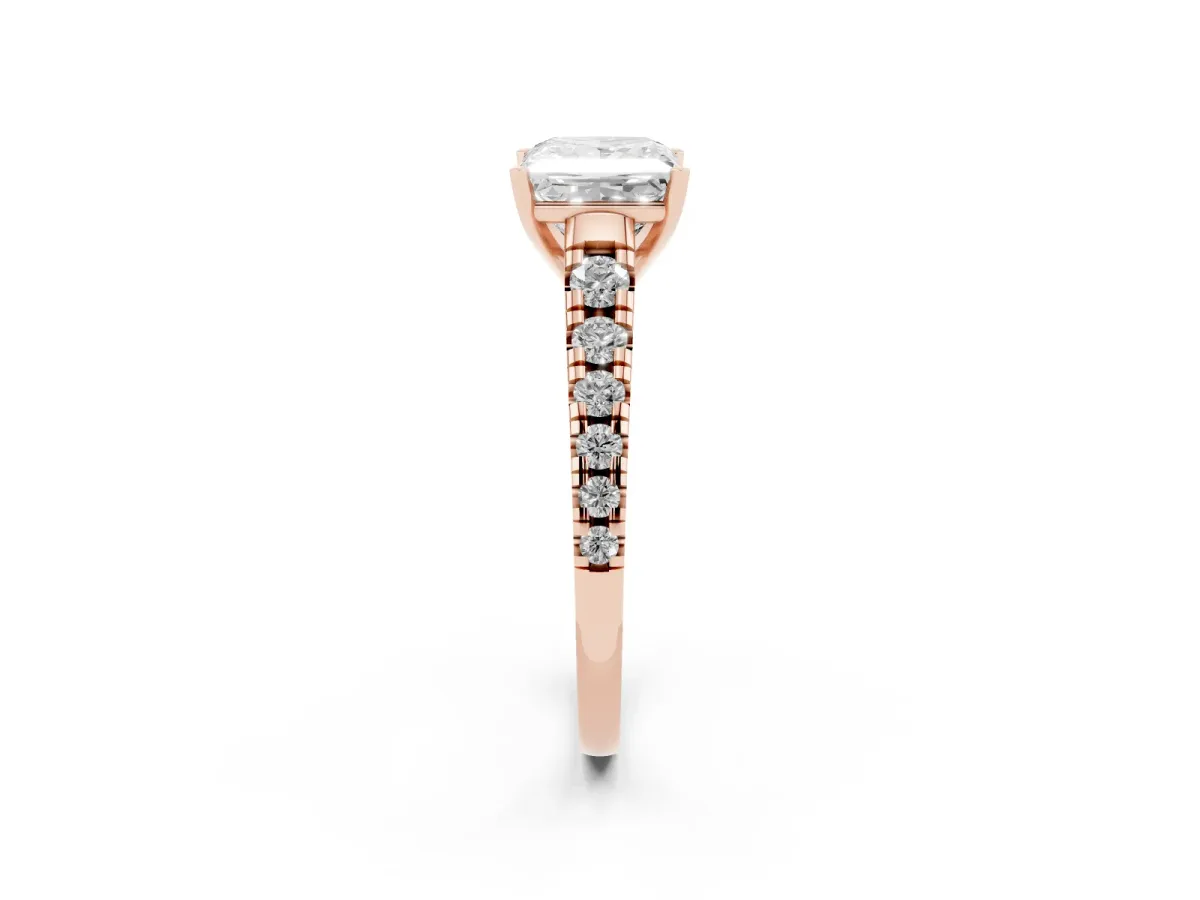 Princess Cut Diamond Cathedral Solitaire Ring with Round Pavé Band Rose gold