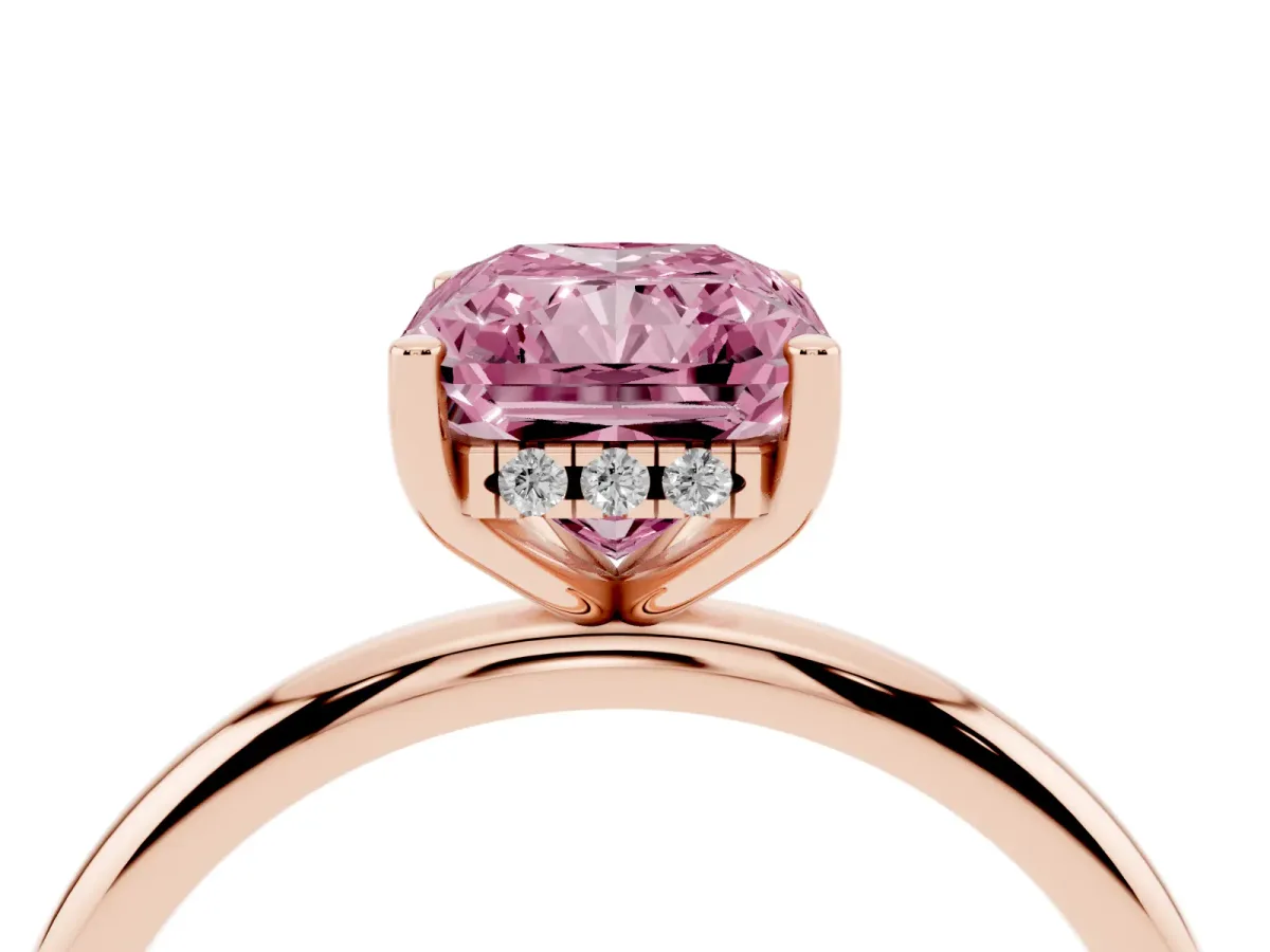 Fancy Pink Radiant Cut Cut Solitaire Engagement Ring with Four-Prong Setting and Classic Band Rose gold