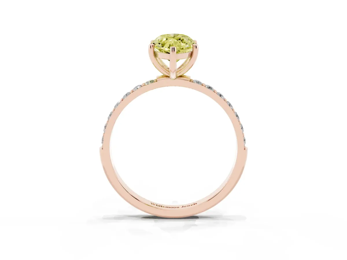 Fancy Yellow Marquise Cut Diamond Solitaire Ring with Round Pavé Shoulders and Prong Setting Rose gold