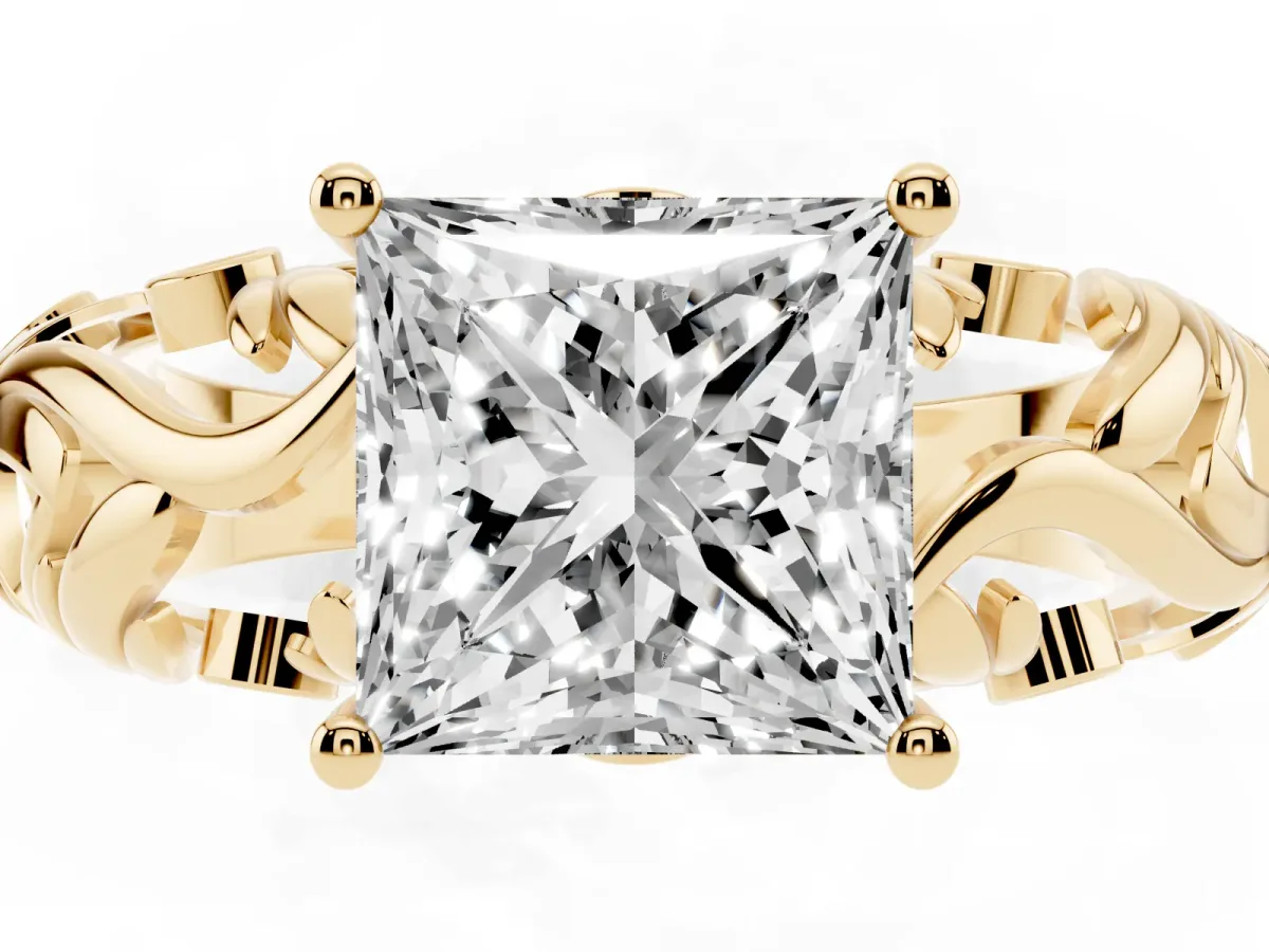 Princess Cut Solitaire Diamond Leaf-Inspired Vine Band Ring with Prong Setting Yellow gold