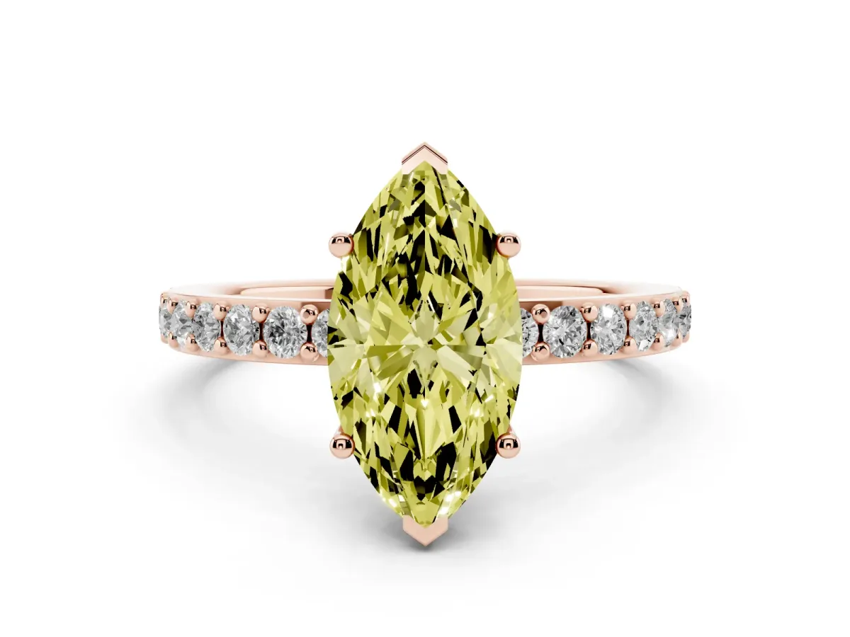 Fancy Yellow Marquise Cut Cut Diamond Solitaire with Pave Band and Four-Prong Setting Rose gold