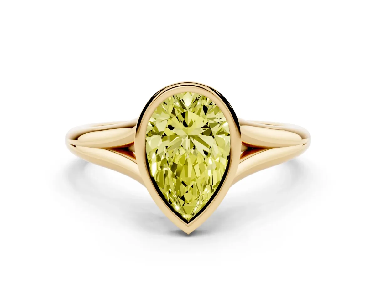 Fancy Yellow Bezel Set Pear Cut Cut Solitaire Ring with Tapered Band Yellow gold