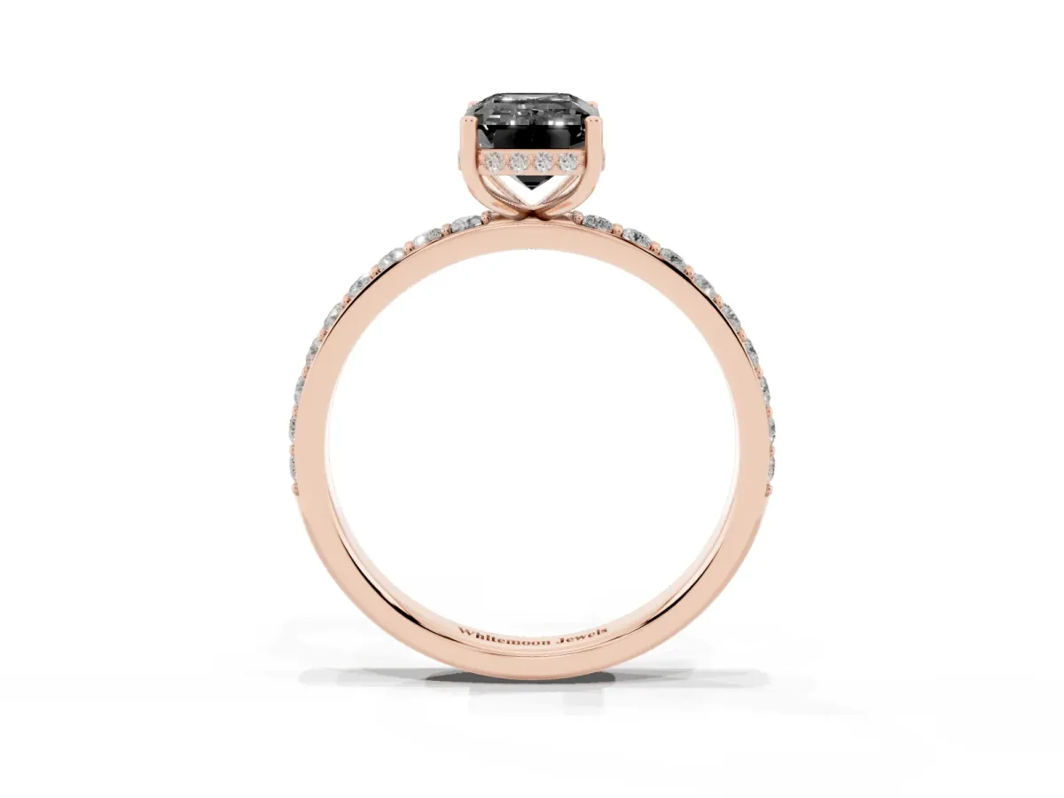 Fancy Black Emerald Cut Diamond Solitaire Ring with Pavé Band and Hidden Halo Rose gold