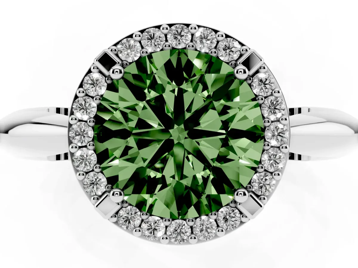 Fancy Green Round Cut Cut Diamond Halo Engagement Ring with Split Shank and Four-Prong Setting Silver