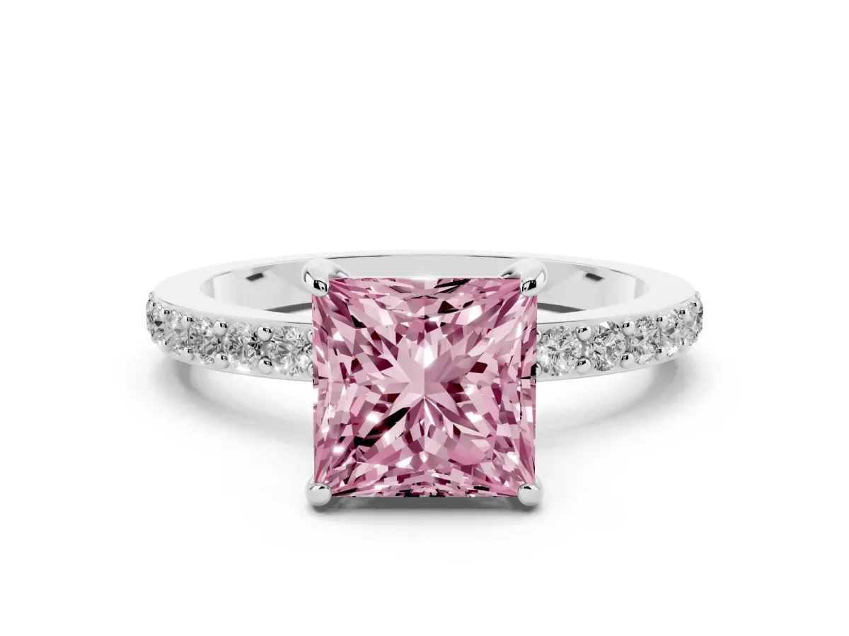 Fancy Pink Princess Cut Diamond Solitaire Engagement Ring with Pavé Band and Four-Prong Setting Silver