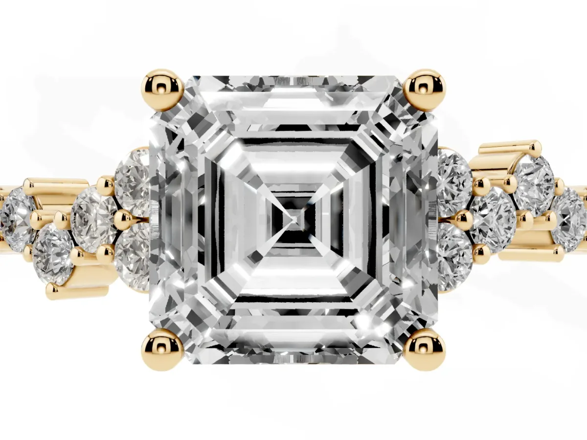 Asscher Cut Diamond Scattered Round Accent Ring with Prong Setting Yellow gold