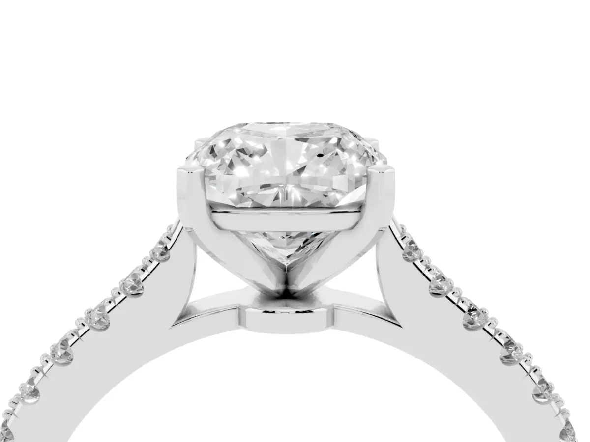 Cushion Cut Cut Solitaire Diamond Engagement Ring with Pave Band and Four-Prong Setting White gold