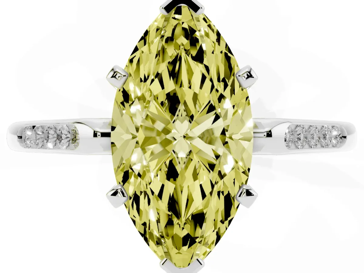 Fancy Yellow Marquise Cut Diamond Solitaire Ring with Channel Set Round Band and Prong Setting Silver