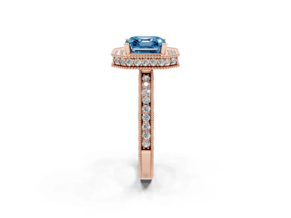Fancy Blue Asscher Cut Diamond Milgrain Halo Engagement Ring with Round Pavé Band and Prong Setting Rose gold