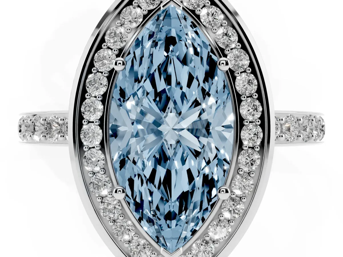 Fancy Blue Marquise Cut Diamond Halo Ring with Bezel Frame and Pavé Band Silver