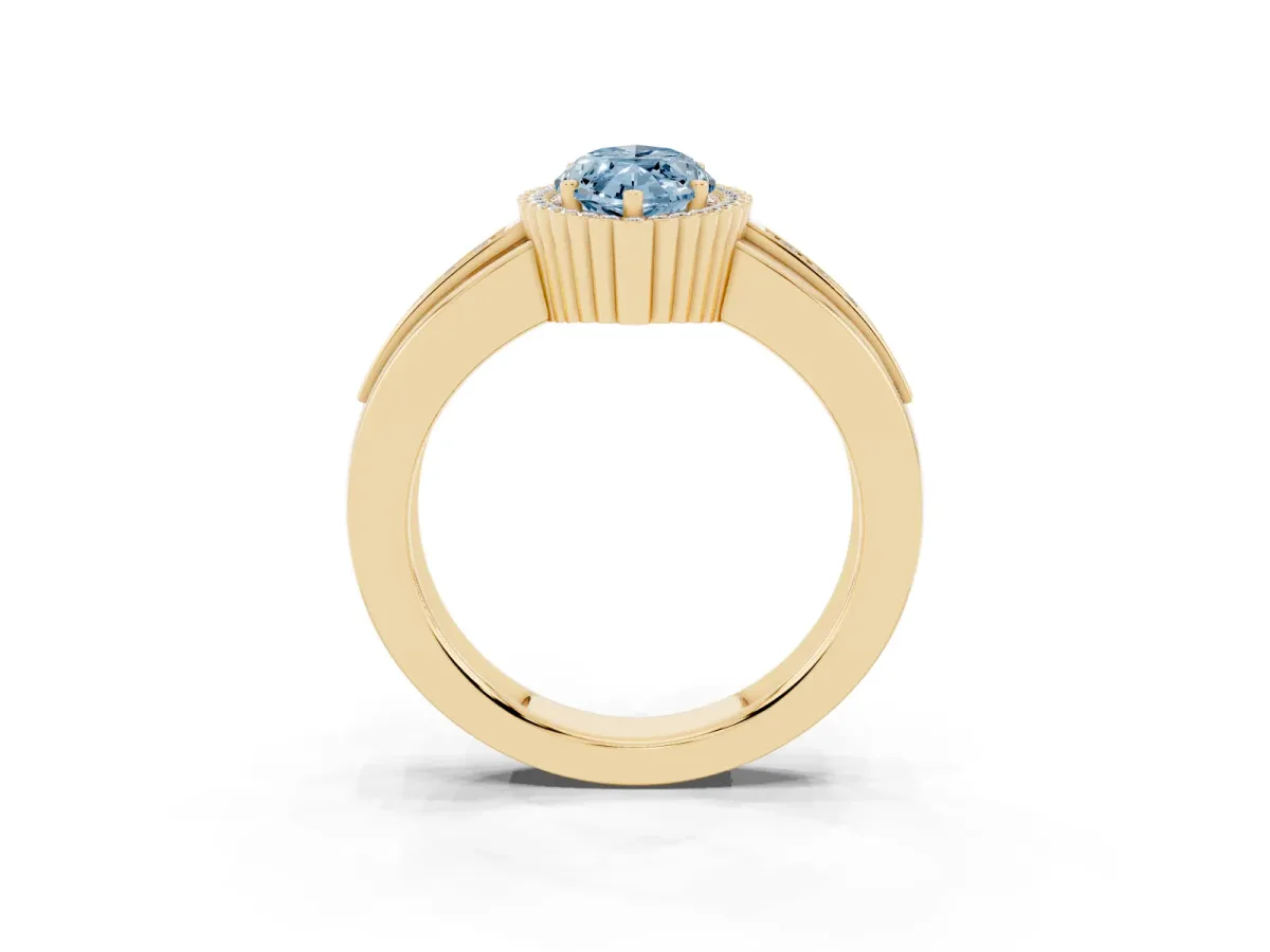 Fancy Blue Marquise Cut Cut Halo Pave Band Four-Prong Ring Yellow gold