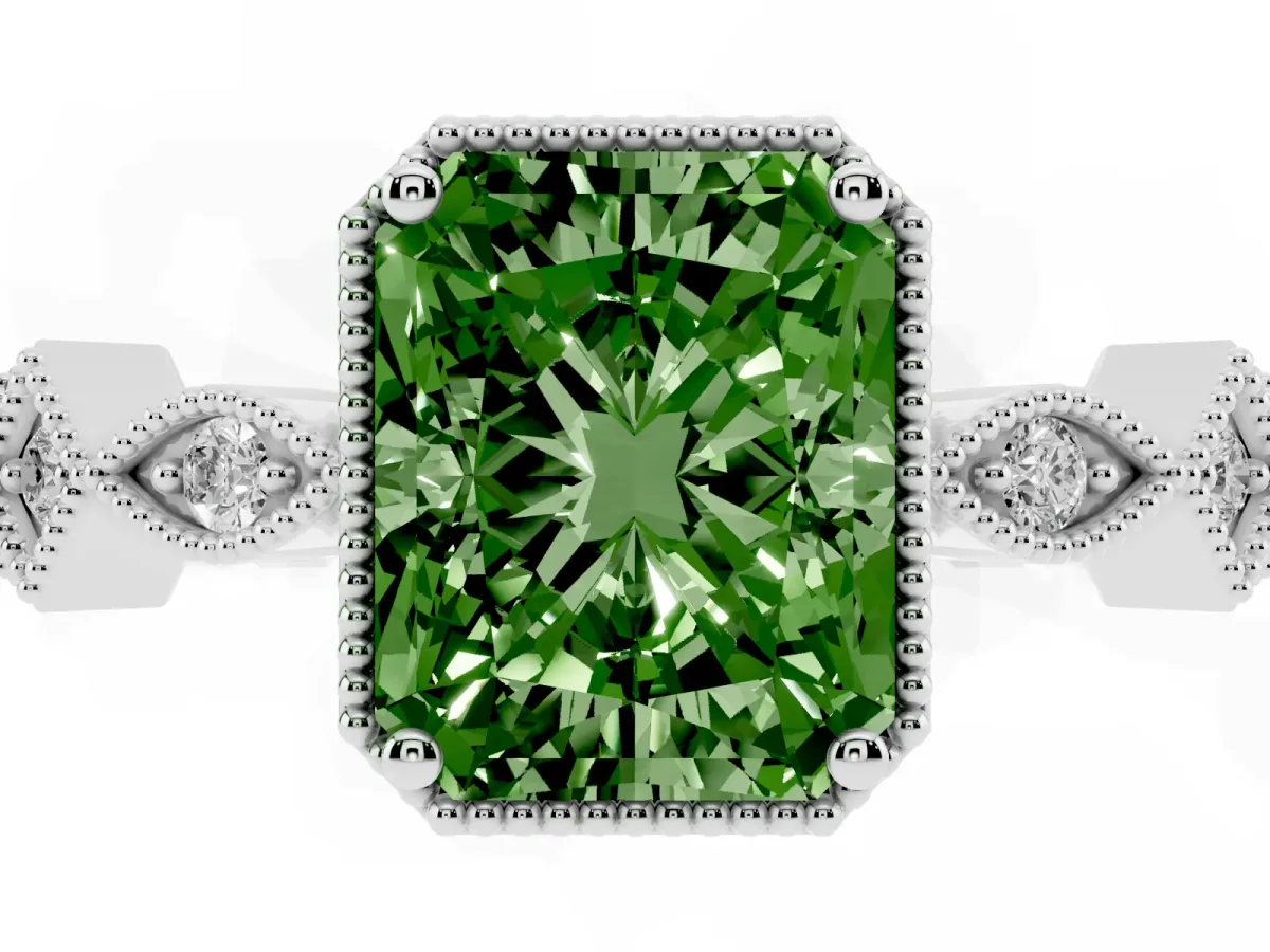 Fancy Green Radiant Cut Milgrain Marquise Diamond Twist Band Ring Silver