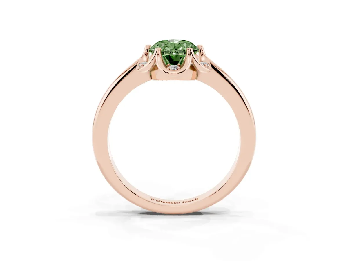 Fancy Green Oval Cut Halo Diamond Ring with Round Cluster Setting, Solitaire Band, and Four-Prong Setting Rose gold