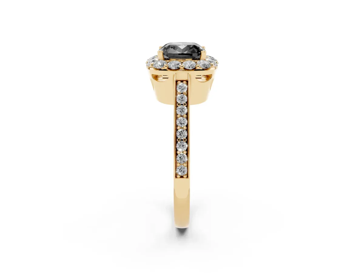 Fancy Black Cushion Cut Diamond Floral Halo Ring with Pavé Band and Prong Setting Yellow gold