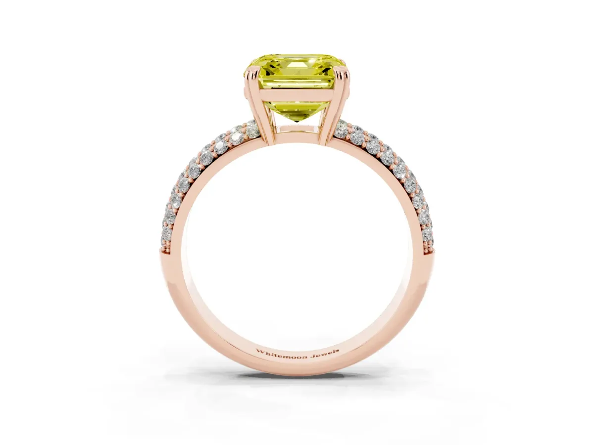 Fancy Yellow Asscher Cut Diamond Solitaire Ring with Multi-Row Round Pavé Band and Prong Setting Rose gold