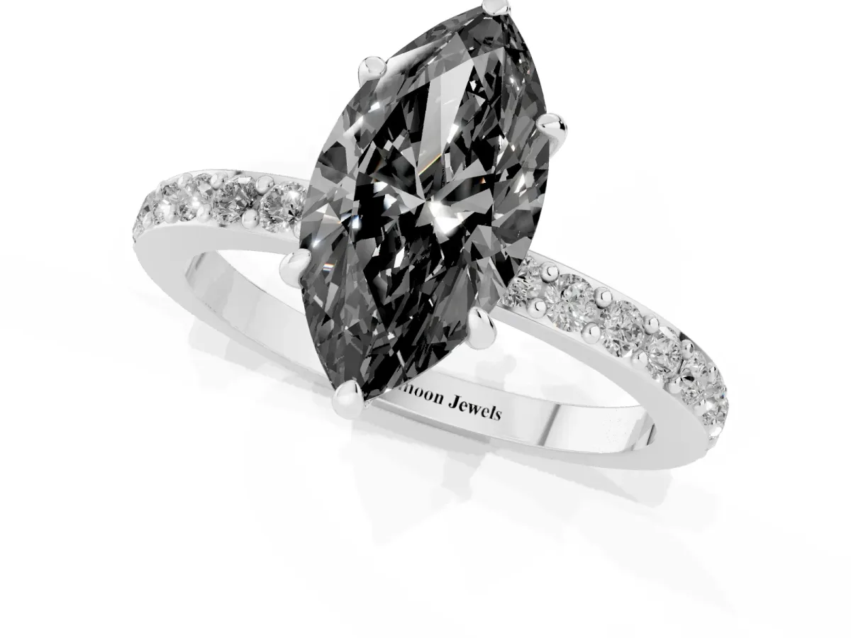 Fancy Black Marquise Cut Diamond Pavé Engagement Ring with Round Accents and Prong Setting Silver