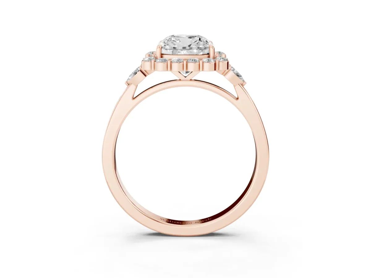 Cushion Cut Diamond Halo Ring with Pear Side Stones and Prong Setting Rose gold