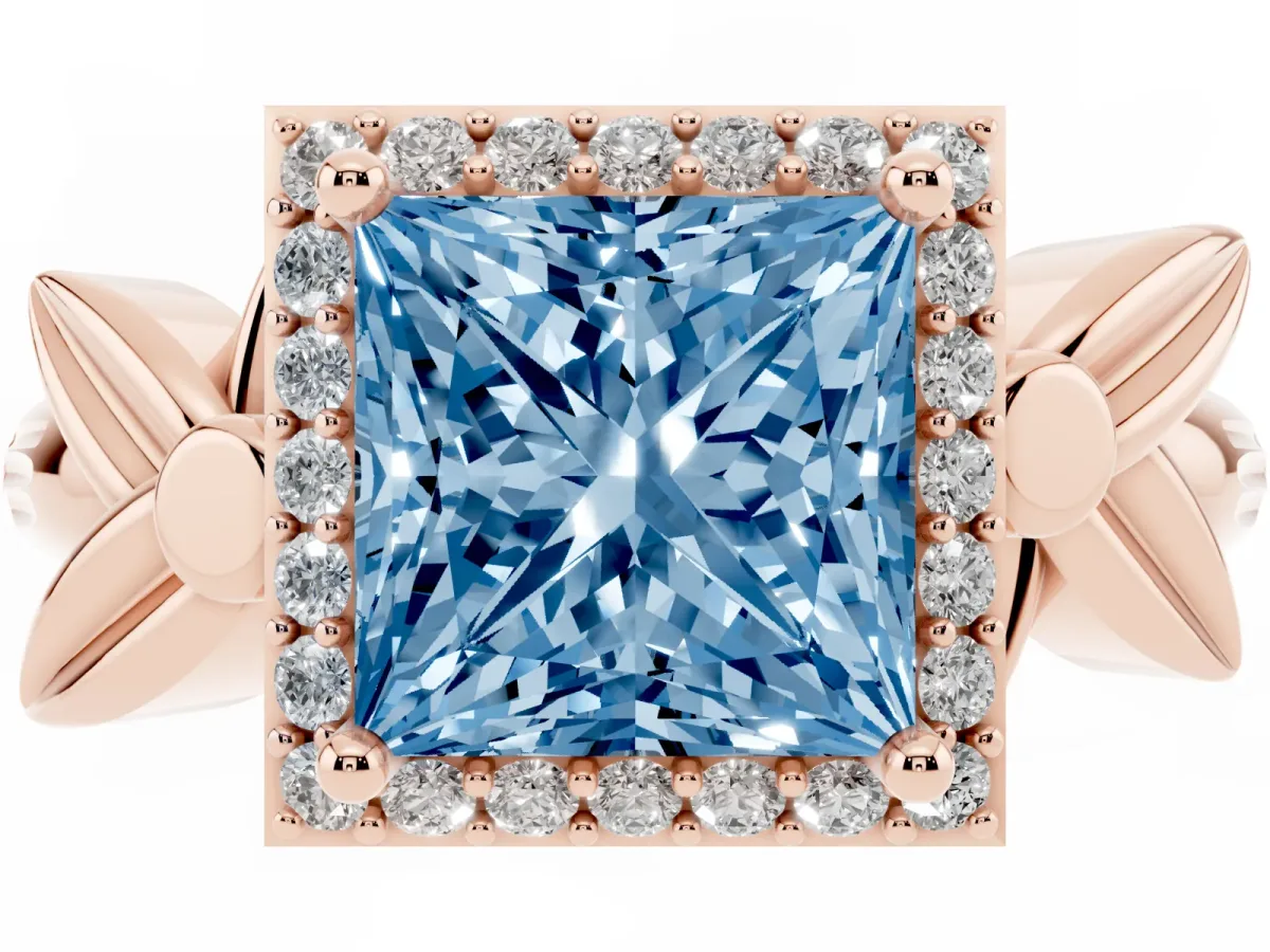 Fancy Blue Princess Cut Halo Diamond Floral Band with Four-Prong Setting Rose gold
