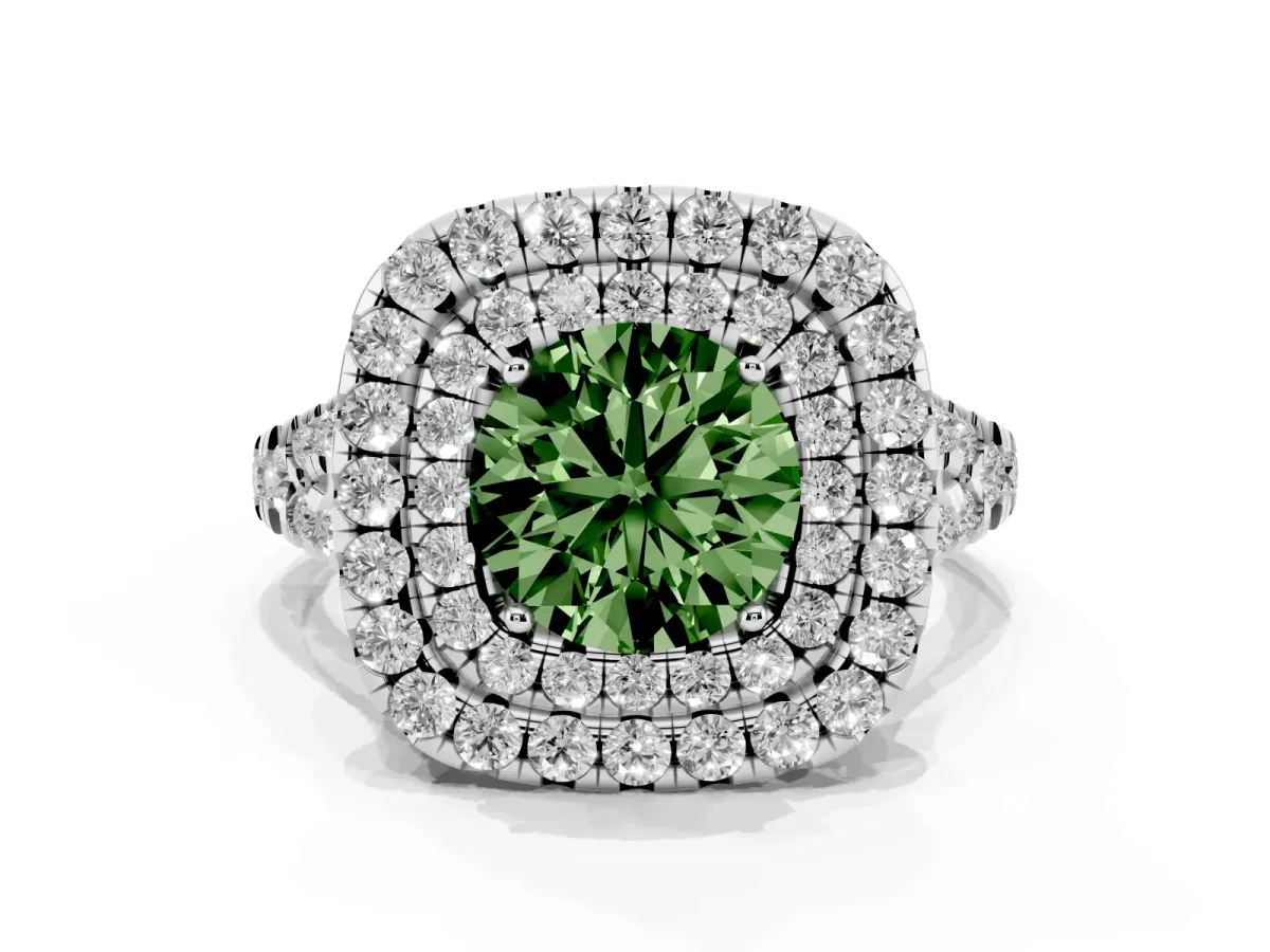 Fancy Green Double Halo Round Cut Diamond Pavé Split Shank Ring with Prong Setting White gold