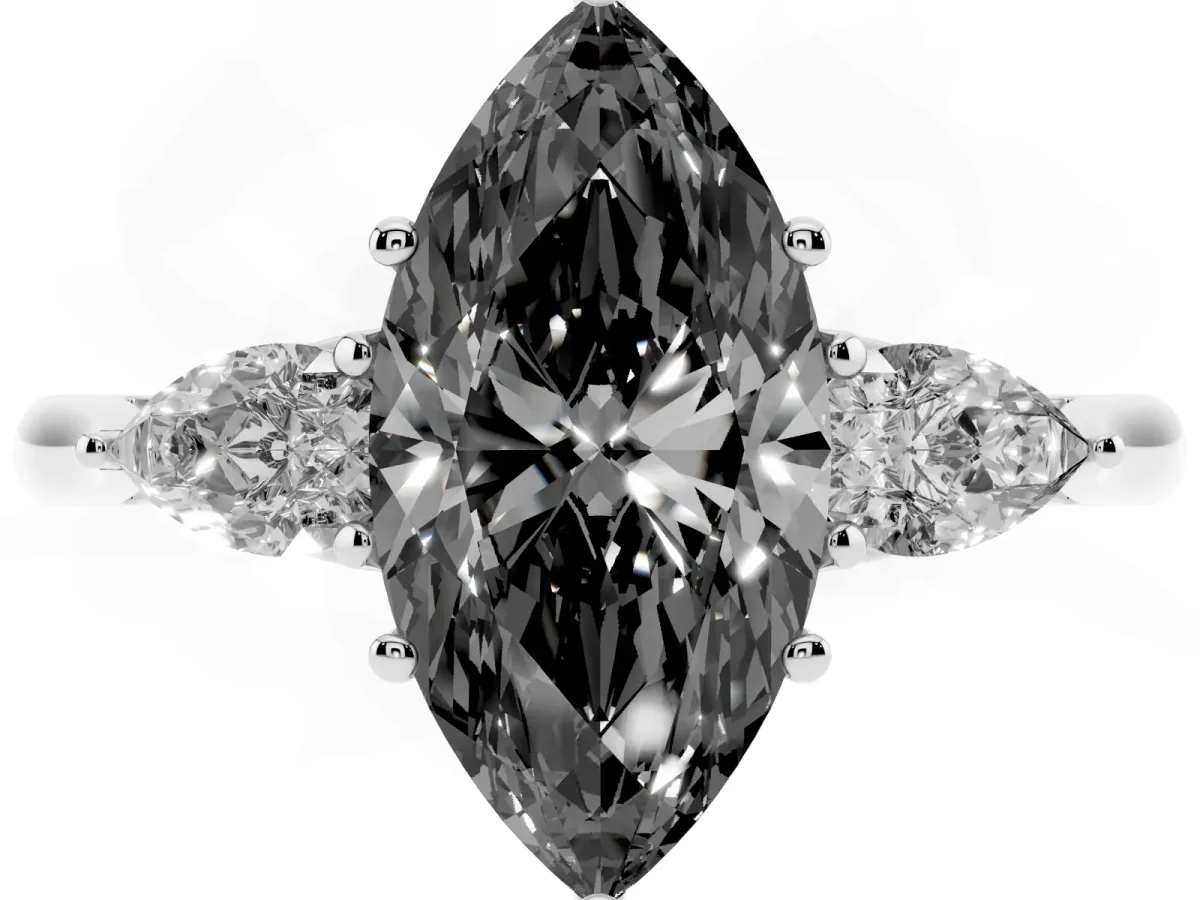 Fancy Black Marquise Cut Diamond Three-Stone Ring with Pear Side Stones and Prong Setting Platinum