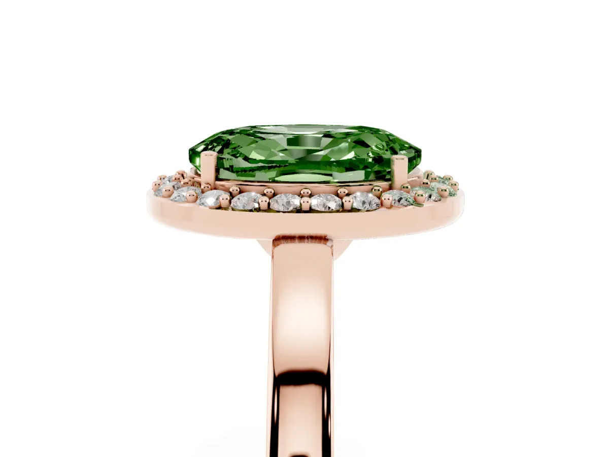 Fancy Green Oval Cut Halo Diamond Ring with Solitaire Band and Prong Setting Rose gold