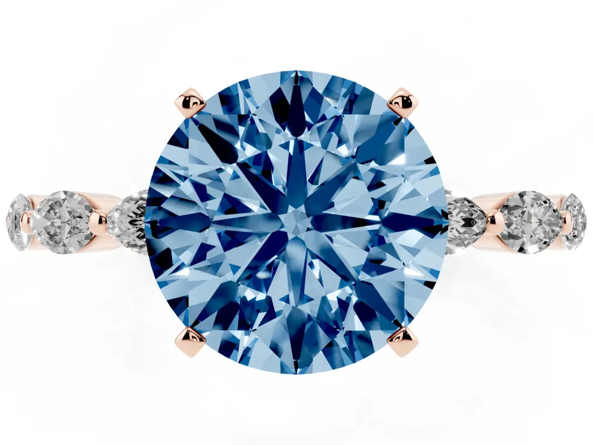Fancy Blue Round Cut Diamond Ring with Marquise Side Stones and Prong Setting Rose gold