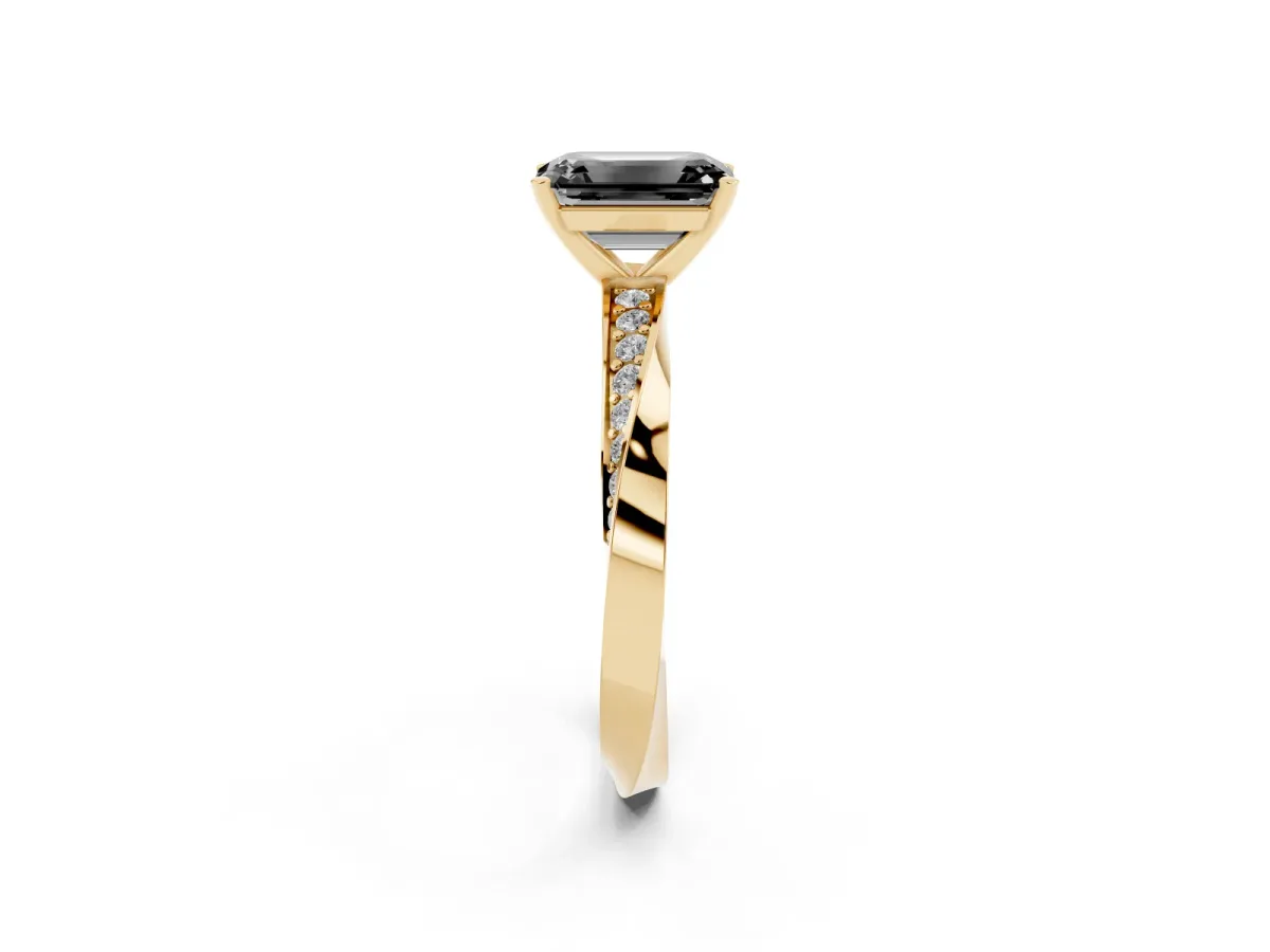 Fancy Black Emerald Cut Diamond Engagement Ring with Side Stone Accents and Four-Prong Setting Yellow gold